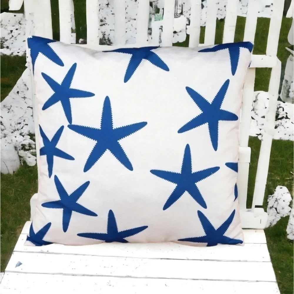 Coastal Starfish Pillow Cover Beach Nautical Square Blue White 17. 7 X 17.7 in